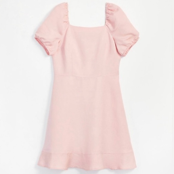 Loft Short Puff Sleeve Square Neck Pink Linen Blend Dress Tie Back Size 10 - Picture 1 of 9